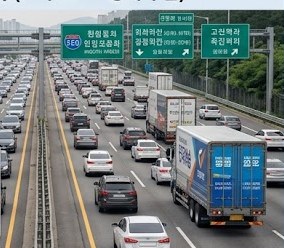 고속도로 정체 구간을 달리는 대형 랩핑 화물차