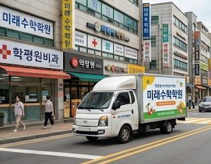 학원가 상업지구를 지나는 중소형 랩핑 탑차